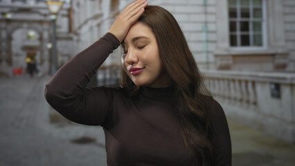 Young hispanic woman with open mouth holds hand to forehead on dimly lit urban street; surprise...