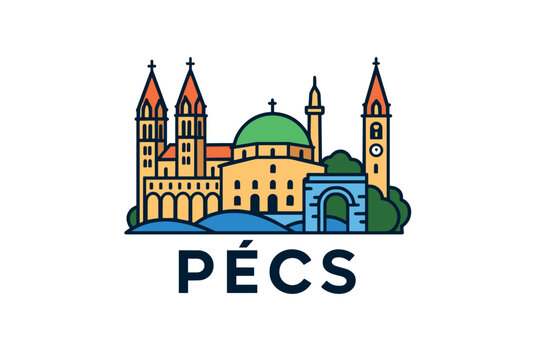 P&eacute;cs city skyline with iconic buildings and landmarks