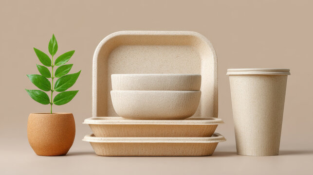 Eco friendly disposable tableware set with plant in pot, biodegradable bowls, plates, and cup for sustainable lifestyle