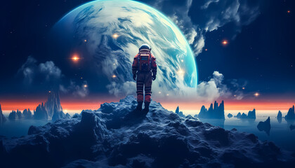 Fototapeta premium Astronaut exploring alien planet with stunning space background, glowing stars, distant planets, and galactic scenery. Sci-fi adventure and futuristic space exploration concept. Space Wallpaper