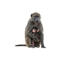 Obraz premium The moment a baby guinea baboon monkey hugs its mother tightly generative AI