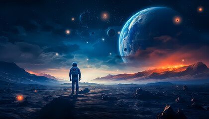 Fototapeta premium Astronaut exploring alien planet with stunning space background, glowing stars, distant planets, and galactic scenery. Sci-fi adventure and futuristic space exploration concept. Space Wallpaper