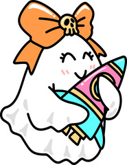 Retro Groovy  Halloween Ghost with Rocket and Skull Bow