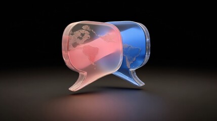 3D render of red and blue glass speech bubbles with world map texture on dark background