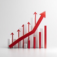 Red rising arrows on white bar graph