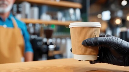 Coffee cup gloved hand modern cafe with barista serving takeaway beverage showcasing cashless payment generation lifestyle and cafe counter barista - Powered by Adobe