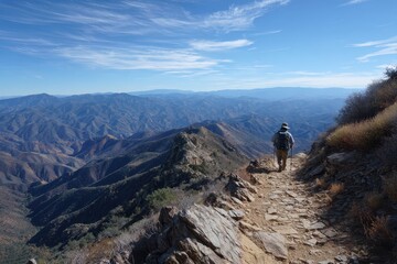 Fototapeta premium A hiker walks a mountain trail with vast valley views under bright skies. Showcase outdoor adventure, travel, and scenic landscape concepts easily.
