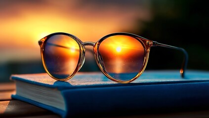 Sunset Reflected in Heart-Shaped Sunglasses on Closed Book