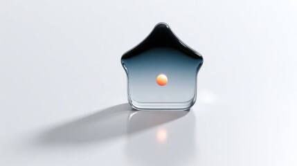 3D render of glass app icon with house symbol and glowing orange sphere on light background