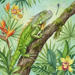 Vibrant green iguana perched on a mossy branch amidst lush tropical foliage and flowers isolated on white background