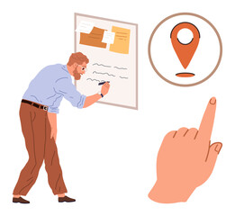 Man taking notes on board, pointing hand toward location pin symbol framed in circle. Ideal for planning, navigation, task management, brainstorming, productivity, education, simple flat metaphor