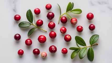Vibrant Cranberries and Green Leaves Freshly Placed on a Clean White Surface For a Refreshing Natural Composition