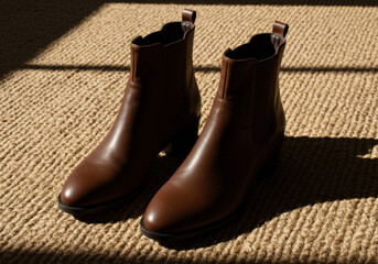 Elegant brown ankle boots positioned on a textured beige surface, illuminated by sunlight creating soft shadows around them