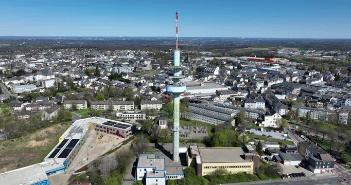 Aerial shot of a town with Telecommunications tower Velbert (Telebert) in the center in Germany