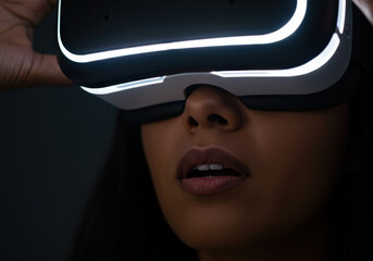 A woman of South Asian descent is immersed in virtual reality, wearing a sleek VR headset, her expression shows curiosity and amazement in a dimly lit environment