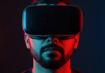 A man with a beard wearing a virtual reality headset, illuminated with vivid red and blue lighting, appears focused and immersed in a digital experience