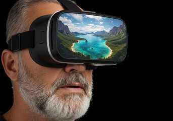 A senior man with a gray beard is wearing a VR headset, visibly immersed in a stunning virtual landscape featuring a tropical island and clear turquoise waters