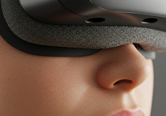 A close-up of a young adult female wearing a virtual reality headset, focusing intently as she experiences immersive digital content