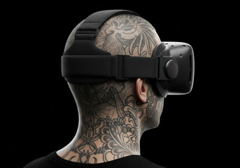 A man with a shaved head and intricate tattoos on his neck is wearing a virtual reality headset, appearing engaged and focused on a digital experience