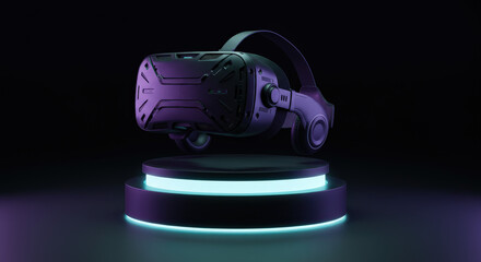 A sleek virtual reality headset on a circular glowing pedestal against a dark background, showcasing futuristic technology and immersive experience