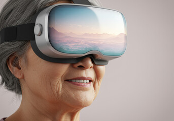 An elderly Asian woman is wearing a virtual reality headset, smiling as she experiences a scenic landscape through the device, showcasing joy and curiosity