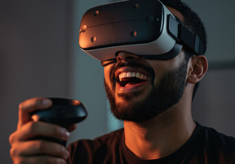 A man of Middle-Eastern descent joyfully enjoys a virtual reality experience, wearing a VR headset and holding a controller, immersed in an interactive digital world