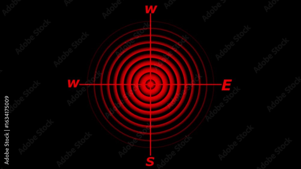 Poster Red concentric circles radiating from center with compass points N S E W on black background
