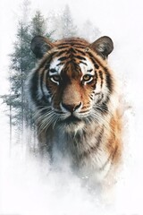 Powerful Tiger Face with Forest Elements in Double Exposure Effect