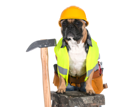 working dog - bulldog dressed up like construction worker on white background