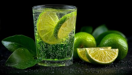 Refreshing Lime Cocktail with Fresh Limes and Ice on Black Background