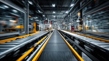 Obraz premium Blurred conveyor belt in a modern factory for transporting production parts. Use this image to portray automation, logistics, or industrial manufacturing.
