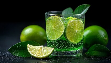 Refreshing Lime Cocktail with Mint and Ice on Black Background
