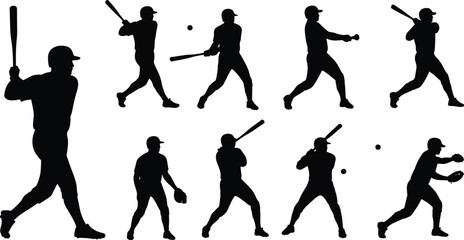 Baseball Player Silhouette Set, Batting, Pitching, Catching, Fielding Poses, Sports Action Icons, Black Vector Illustration, Athletic Design