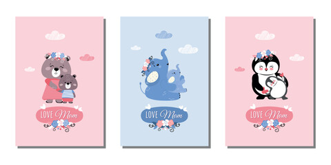 Obraz premium A set of templates with funny animals for postcards, covers, banners, and more. The concept of motherhood. A set of funny characters, mom and baby. Vector illustration.