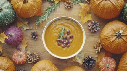 Fototapeta premium Warm Pumpkin Soup Surrounded by Autumn Leaves and Decorative Pumpkins in Kitchen