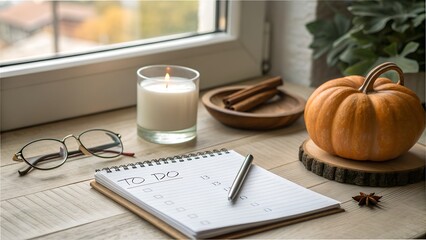 Cozy autumn workspace with pumpkin, candle, and to-do list  