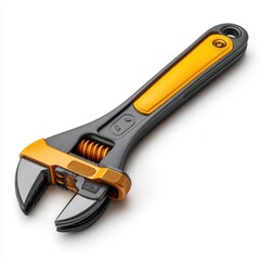 Obraz premium Adjustable wrench with yellow accents, angled view isolated on white background.
