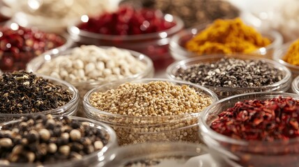 Colorful Assortment of Spices in Glass Bowls on White Background