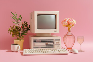 pink rose and computer retro