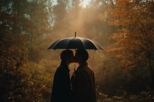 young mans with umbrella kiss love lgtbi