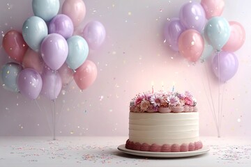 Festive Cake with Sprinkles and Heart Decorations with Party Balloons