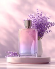 Stylish Perfume Bottle with Lavender on Soft Pink Background