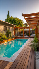 Outdoor pool and lounging area with wooden deck and shaded seating space