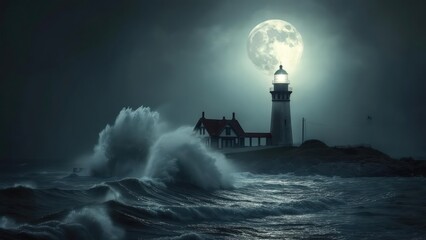Dramatic Full Moon Illuminates Lighthouse Amidst Crashing Ocean Waves on a Stormy Night