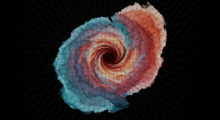 Abstract digital vortex of a warped grid spiraling into a chaotic singularity. Colorful blue and red funnel on a dark technological background.