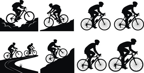 Obraz premium Cyclist Silhouette Icon Set, Black Vector Design, Mountain Biking, Road Cycling, Sports Activity, Outdoor Adventure, Fitness Theme, Minimal Art