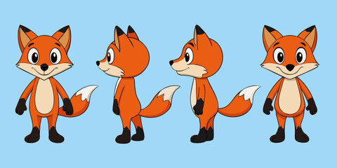 Four cartoon foxes in different poses against a light blue background illustration design art