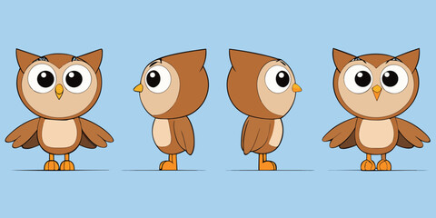 Fototapeta premium Cartoon owl character design sheet with front side and profile views on a light blue background vector art