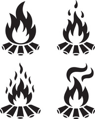 Campfire Flame Icons Set – Black Wood Fire Vector Design