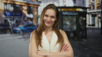 Woman smiling with bare arms on sunlit urban street flanked by blurred shopfronts and passing cars;...